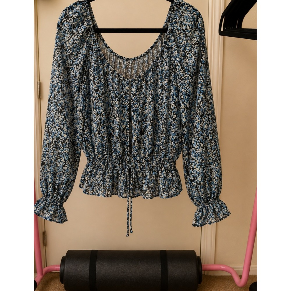 Blue Floral Long Sleeve Peplum Top Smocked Waist Ruffle Cuff Blouse Women Small